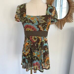 Vintage Y2K New York & Company Brown Mesh Babydoll Blouse Top M Whimsigoth